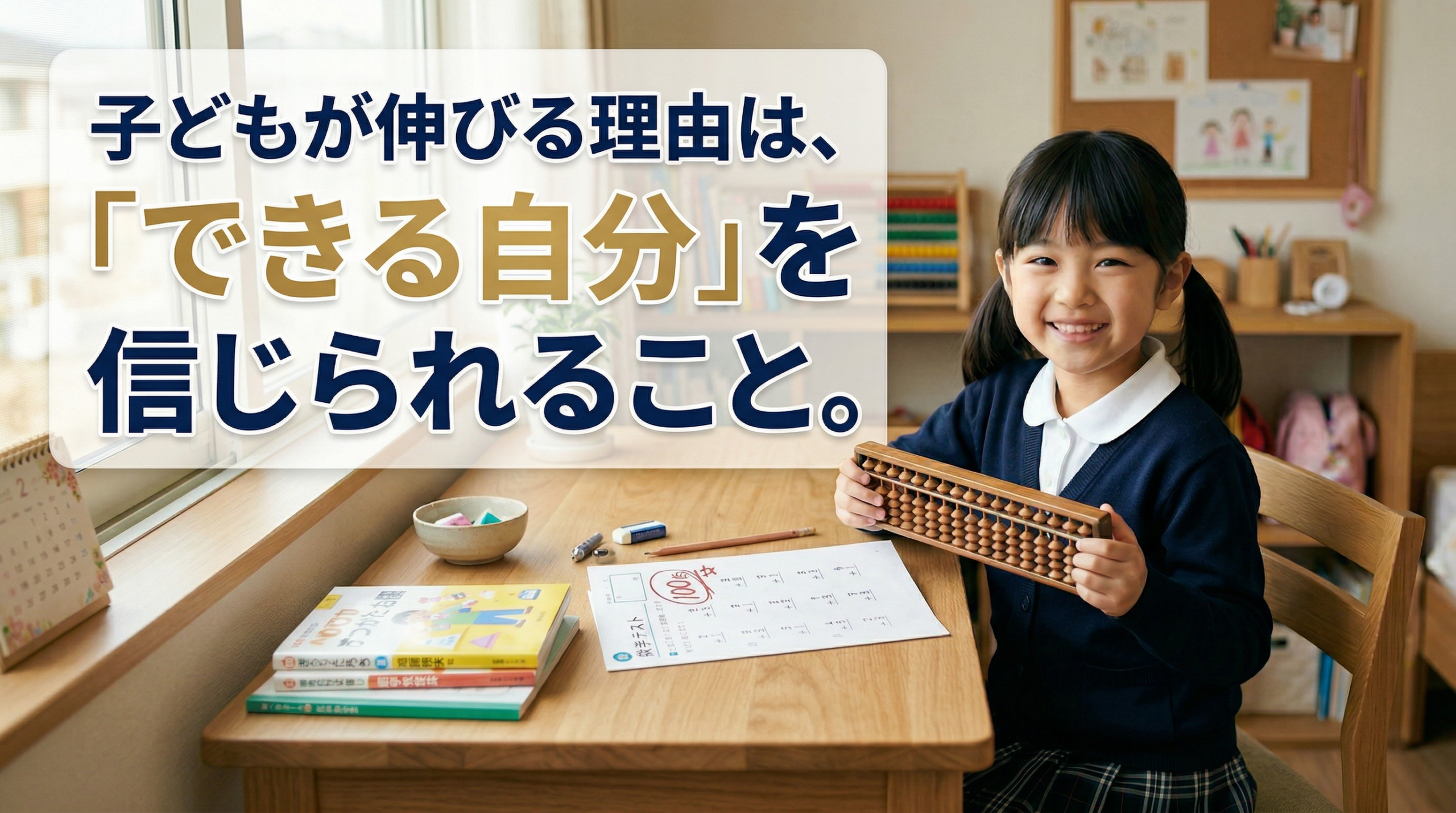 そろばんを通じて算数の成功体験を積み、自信と学習習慣を育てる小学生のイメージ